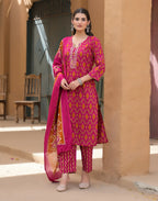 Barbie Pink Notched Round Neck Embroidered Printed Straight 3 Piece Kurta Set with Dupatta