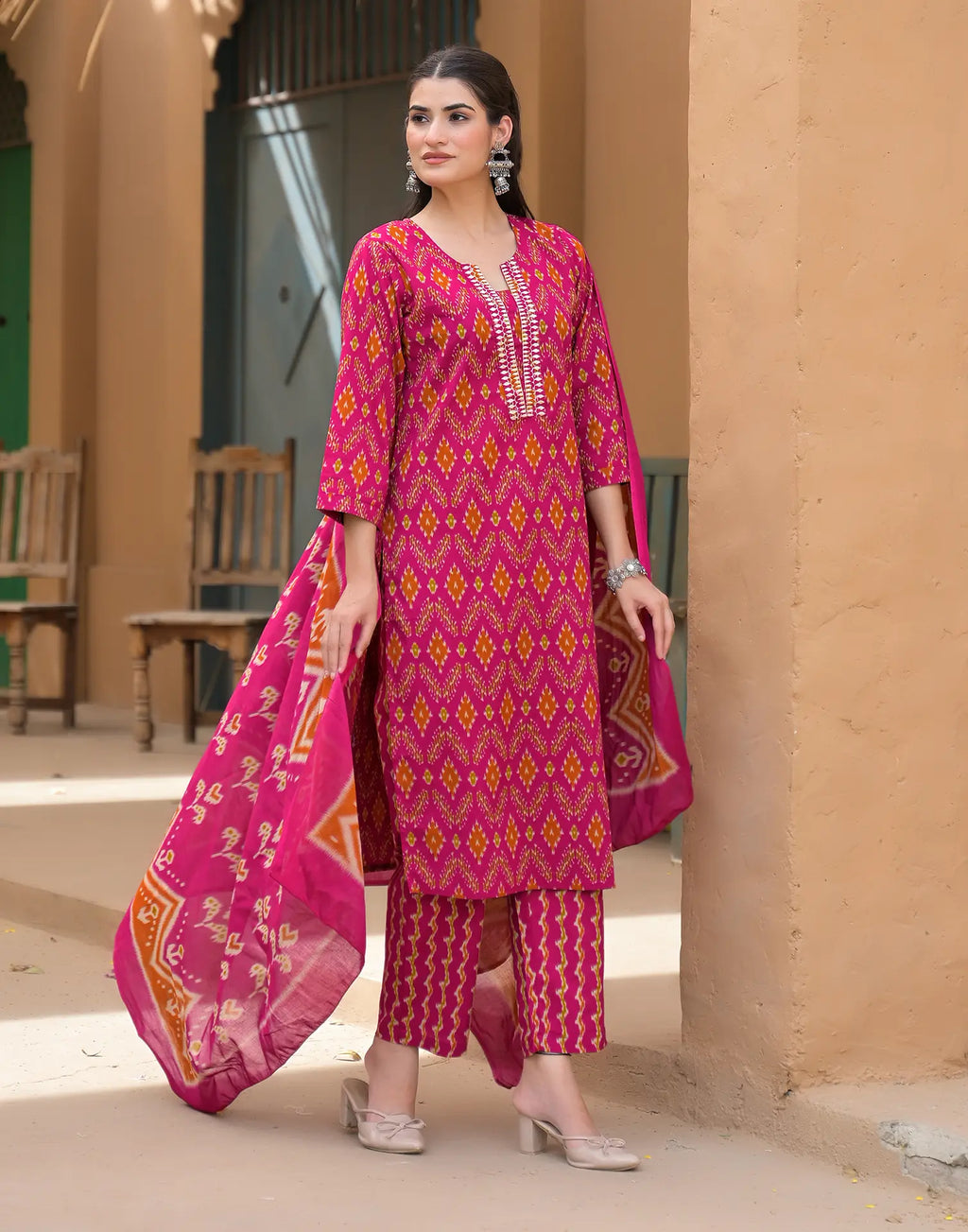 Barbie Pink Notched Round Neck Embroidered Printed Straight 3 Piece Kurta Set with Dupatta