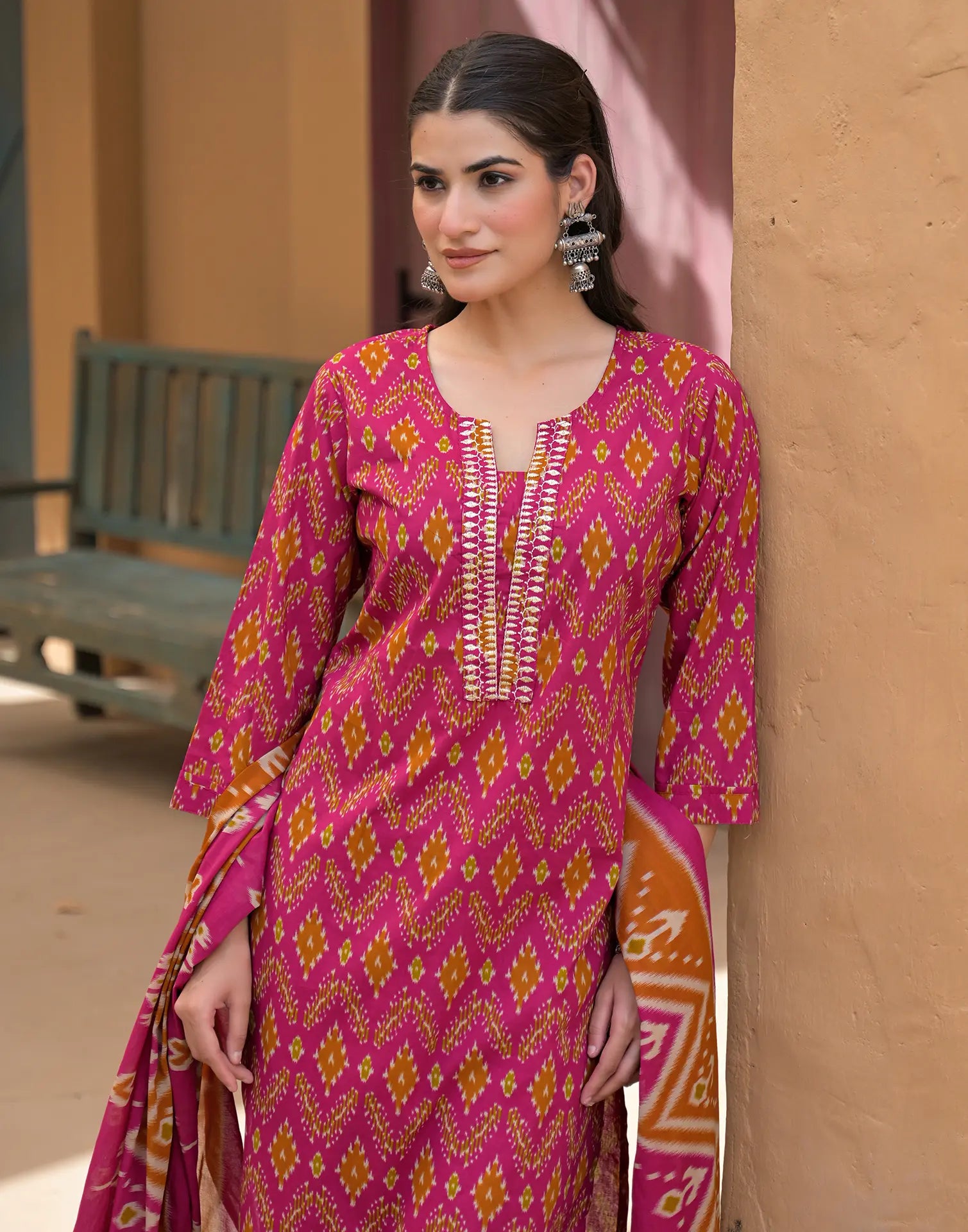 Barbie Pink Notched Round Neck Embroidered Printed Straight 3 Piece Kurta Set with Dupatta