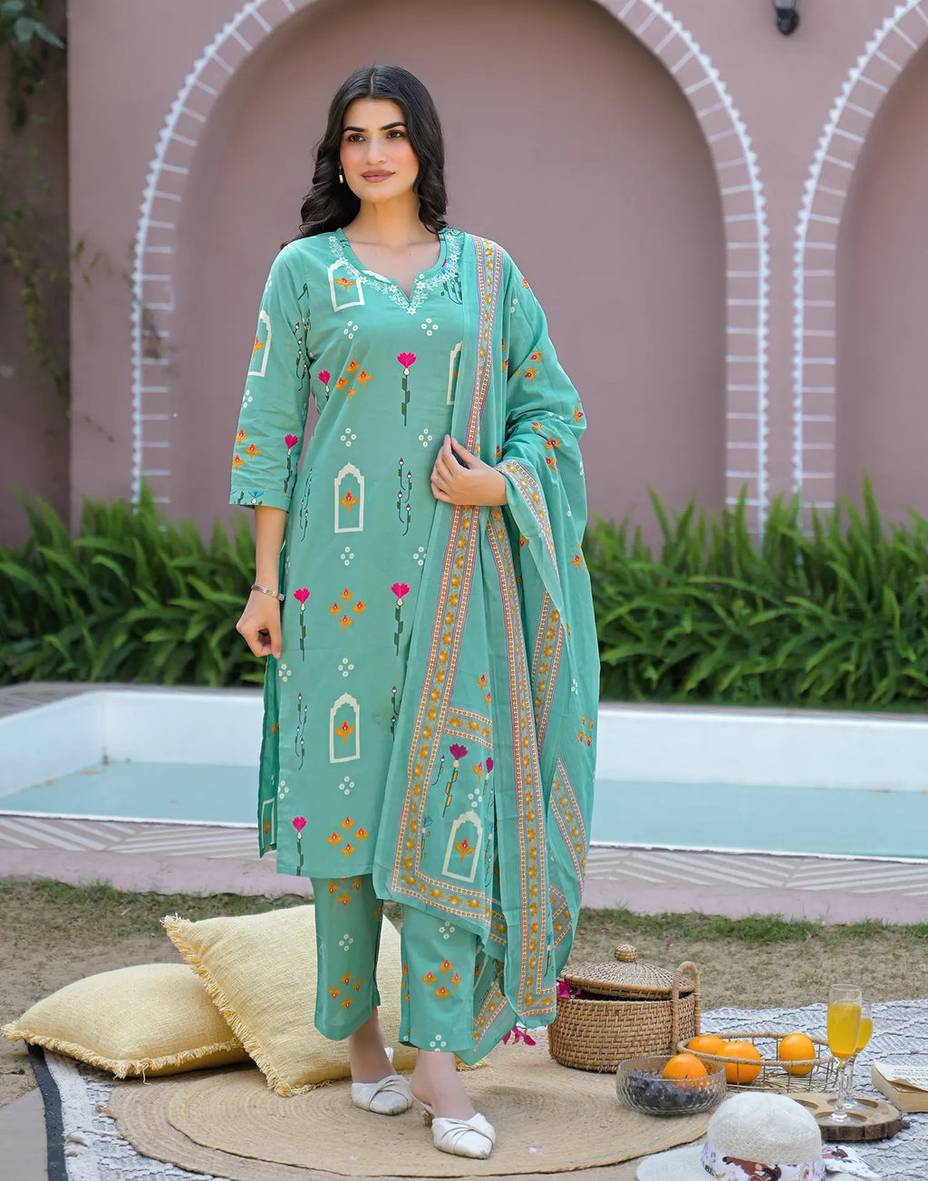 Mint Blue Notched Round Neck Printed Straight 3 Piece Kurta Set with Dupatta