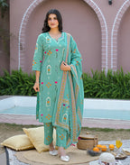 Mint Blue Notched Round Neck Printed Straight 3 Piece Kurta Set with Dupatta