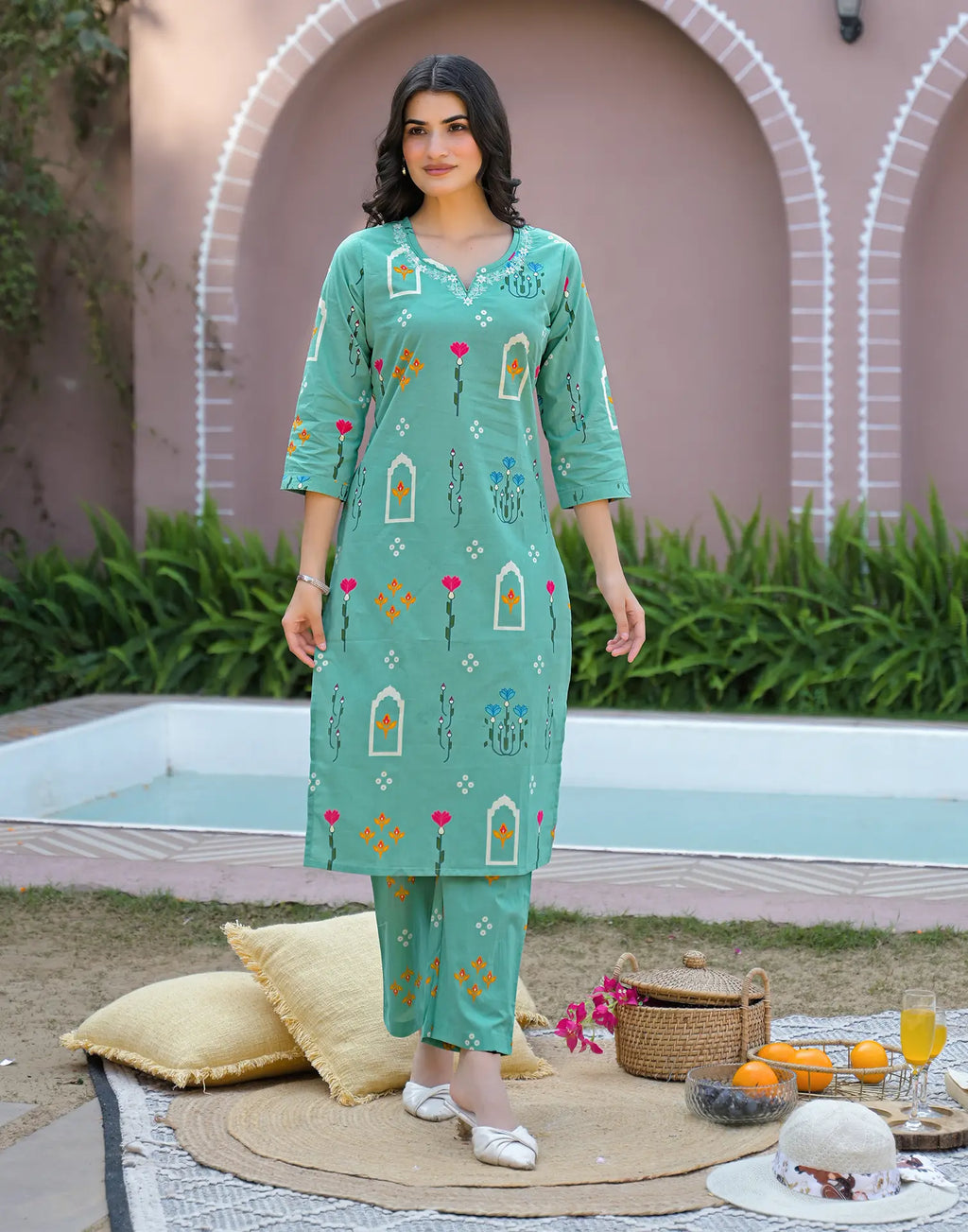 Mint Blue Notched Round Neck Printed Straight 3 Piece Kurta Set with Dupatta