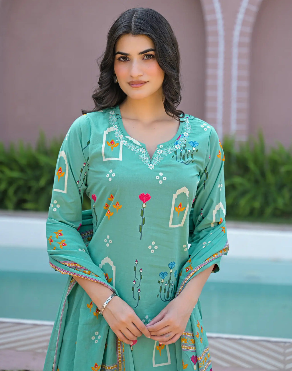 Mint Blue Notched Round Neck Printed Straight 3 Piece Kurta Set with Dupatta