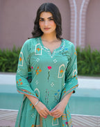 Mint Blue Notched Round Neck Printed Straight 3 Piece Kurta Set with Dupatta