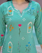 Mint Blue Notched Round Neck Printed Straight 3 Piece Kurta Set with Dupatta