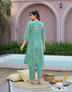 Mint Blue Notched Round Neck Printed Straight 3 Piece Kurta Set with Dupatta