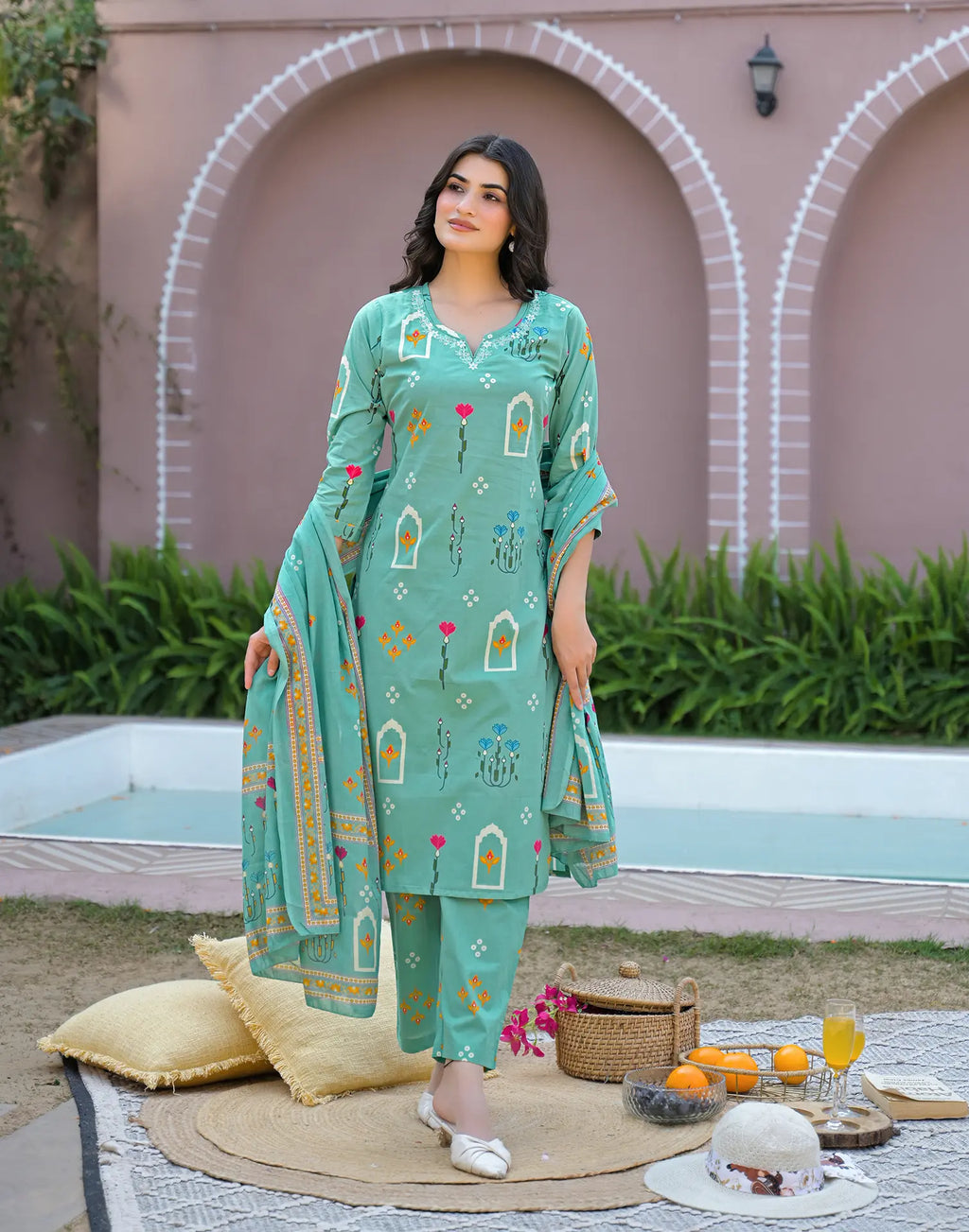 Mint Blue Notched Round Neck Printed Straight 3 Piece Kurta Set with Dupatta