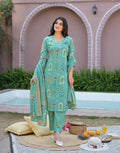 Mint Blue Notched Round Neck Printed Straight 3 Piece Kurta Set with Dupatta