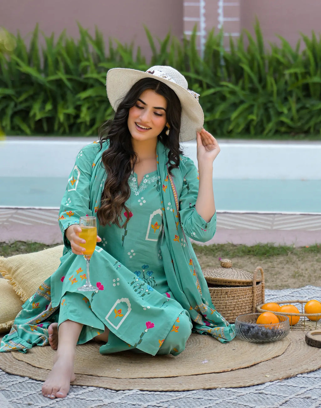 Mint Blue Notched Round Neck Printed Straight 3 Piece Kurta Set with Dupatta