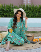 Mint Blue Notched Round Neck Printed Straight 3 Piece Kurta Set with Dupatta