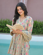 Flax Beige V-Neck Printed Straight 3 Piece Kurta Set with Dupatta