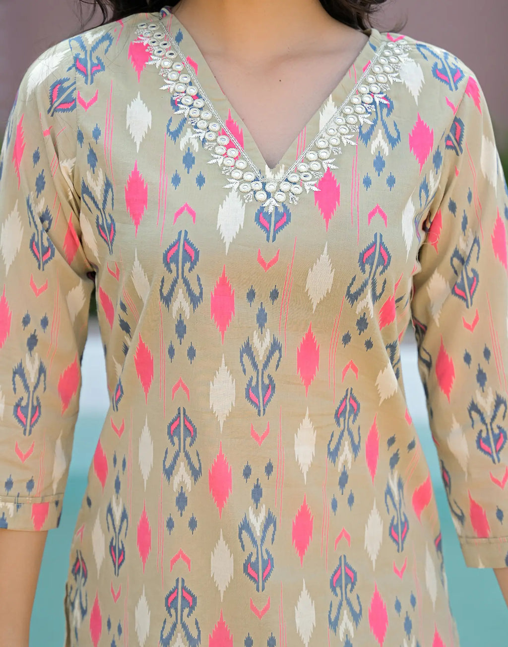Flax Beige V-Neck Printed Straight 3 Piece Kurta Set with Dupatta