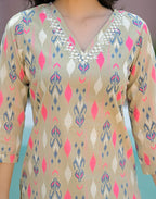 Flax Beige V-Neck Printed Straight 3 Piece Kurta Set with Dupatta