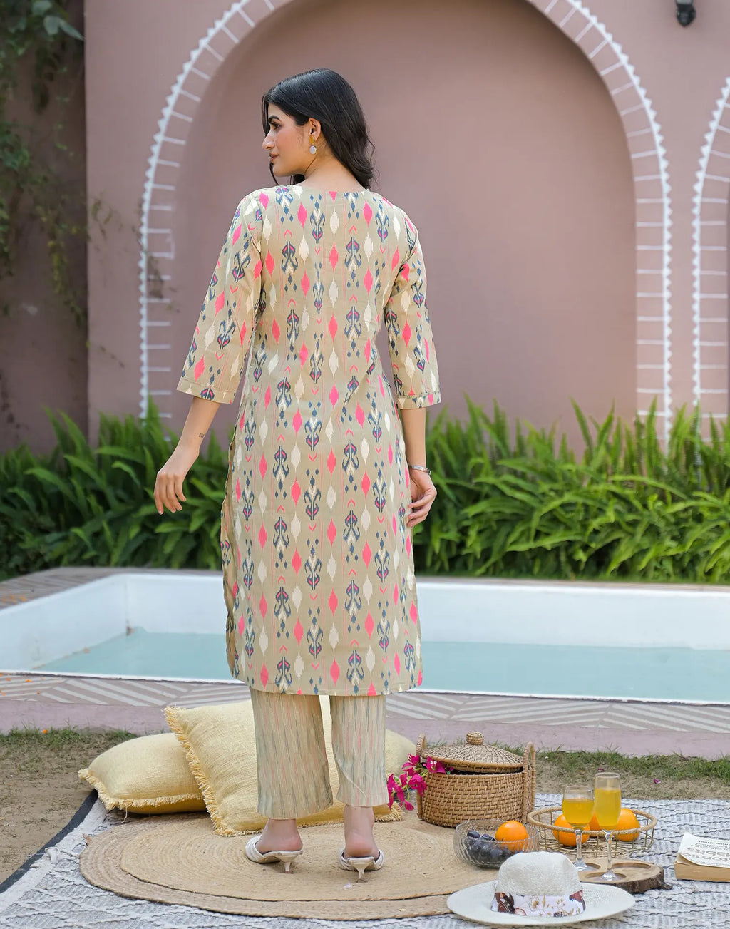Flax Beige V-Neck Printed Straight 3 Piece Kurta Set with Dupatta