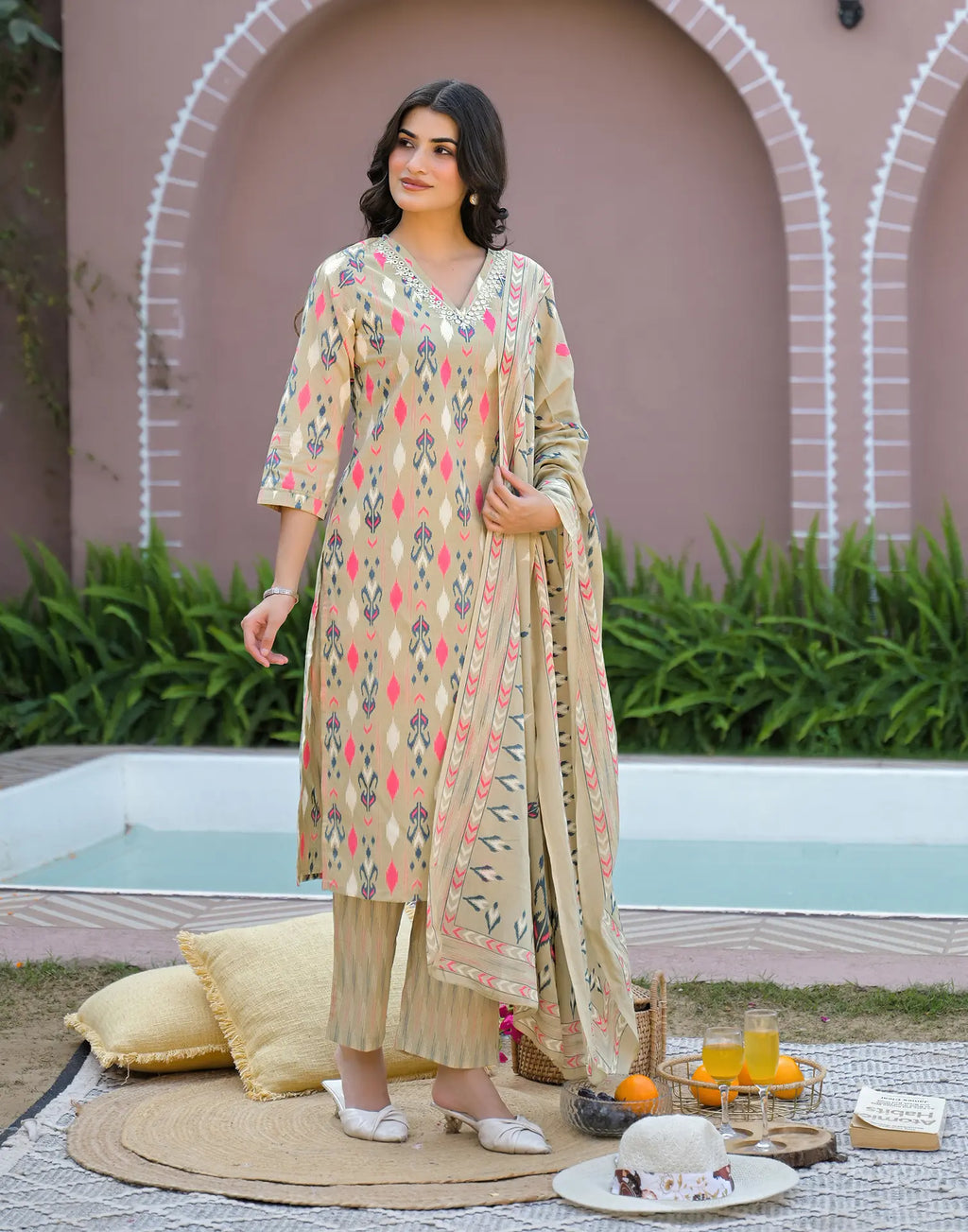 Flax Beige V-Neck Printed Straight 3 Piece Kurta Set with Dupatta