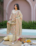 Flax Beige V-Neck Printed Straight 3 Piece Kurta Set with Dupatta