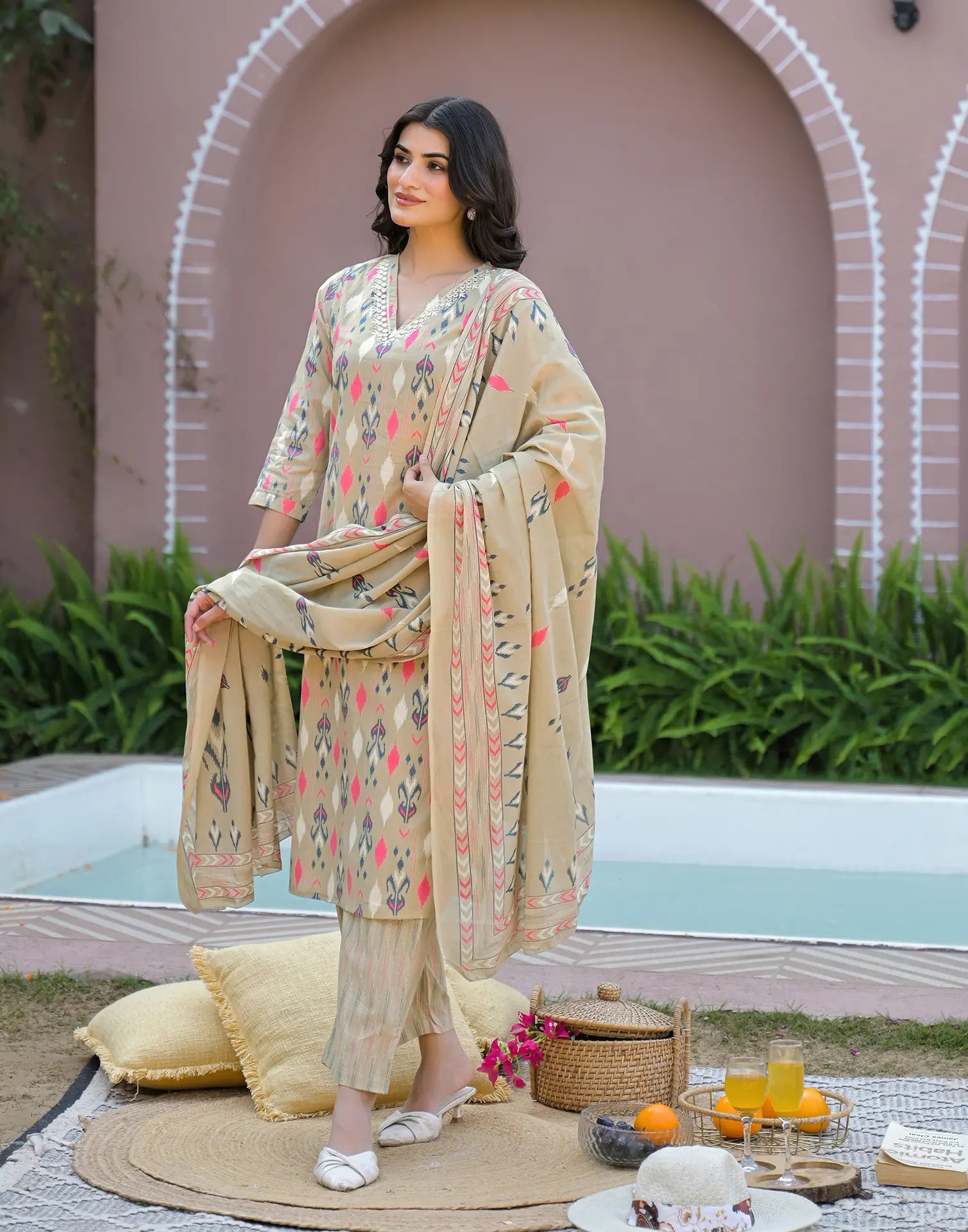 Flax Beige V-Neck Printed Straight 3 Piece Kurta Set with Dupatta