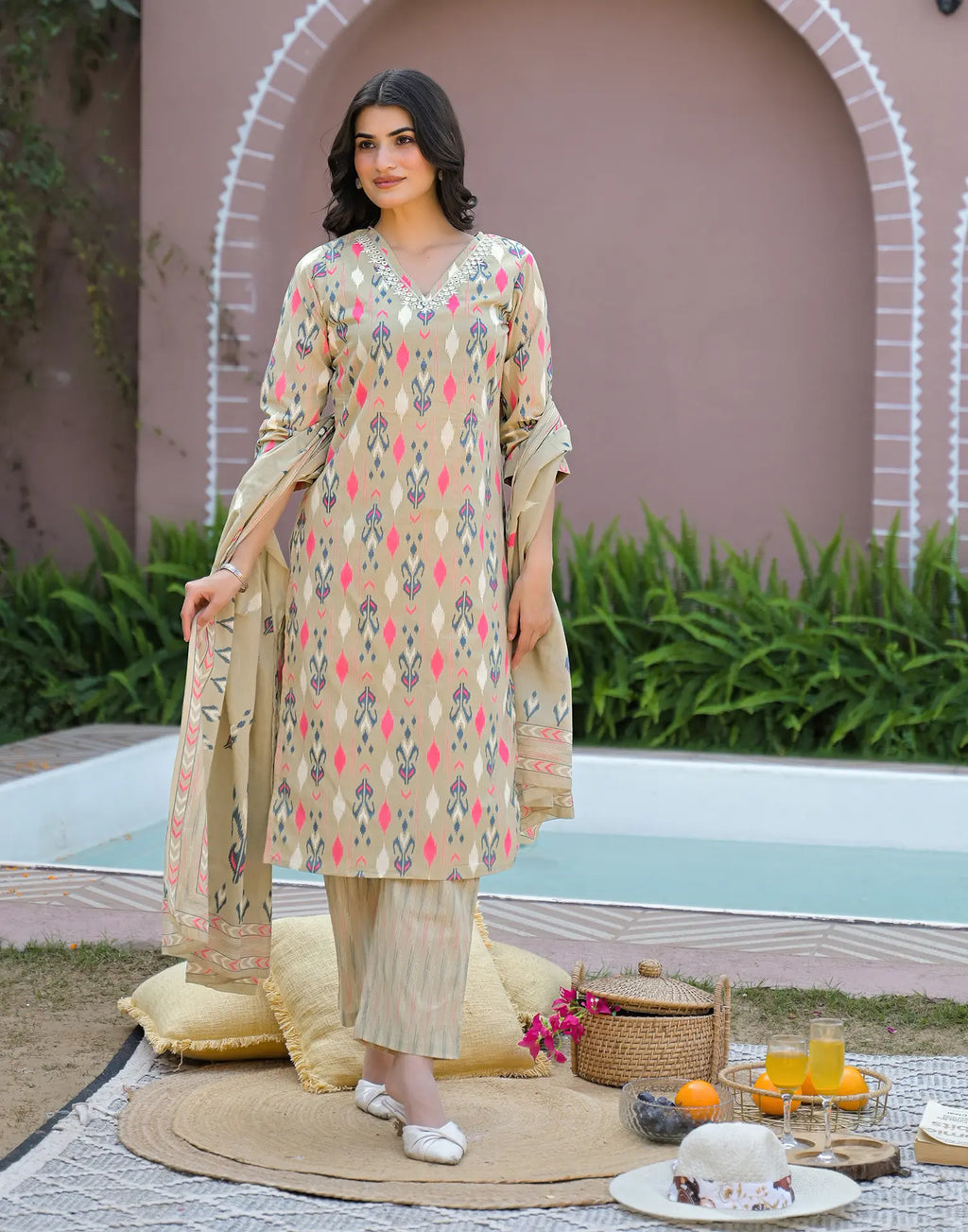 Flax Beige V-Neck Printed Straight 3 Piece Kurta Set with Dupatta