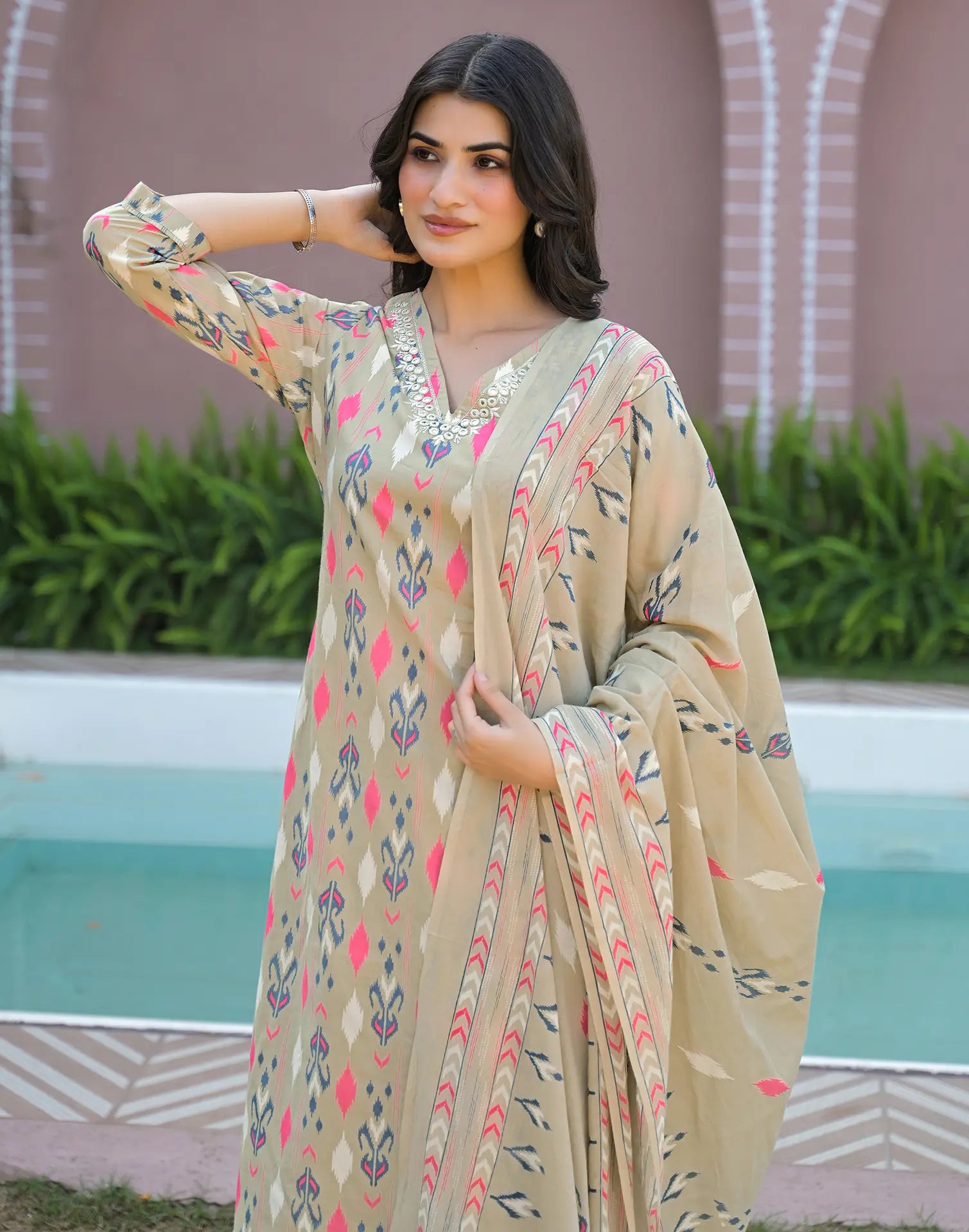 Flax Beige V-Neck Printed Straight 3 Piece Kurta Set with Dupatta