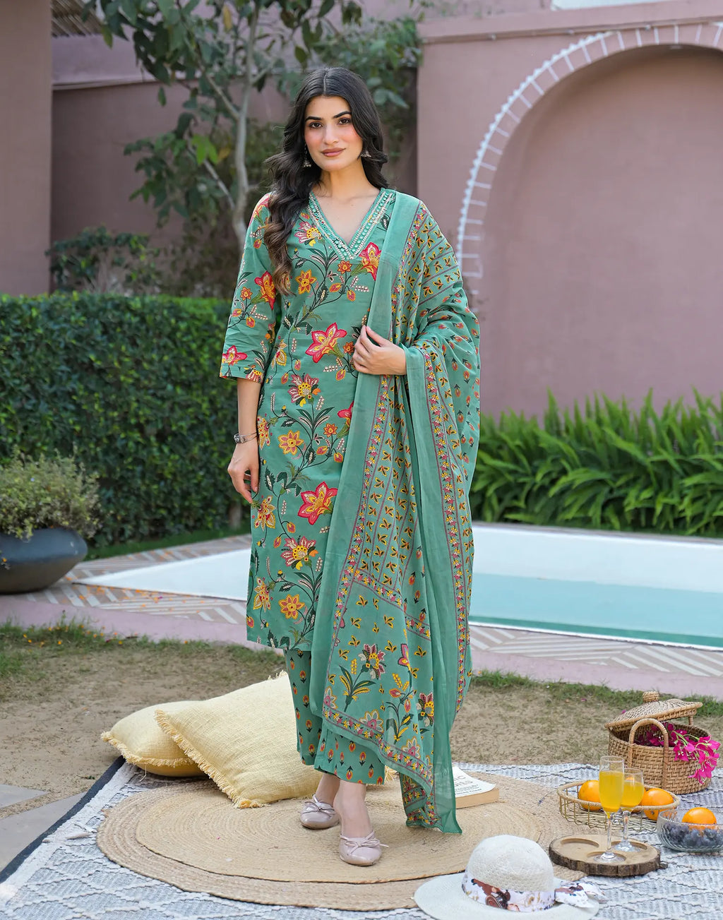 Aqua Green V-Neck Printed Straight 3 Piece Kurta Set with Dupatta