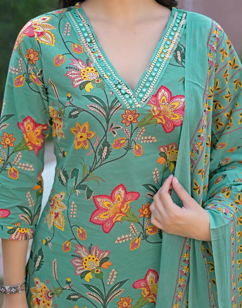 Aqua Green V-Neck Printed Straight 3 Piece Kurta Set with Dupatta