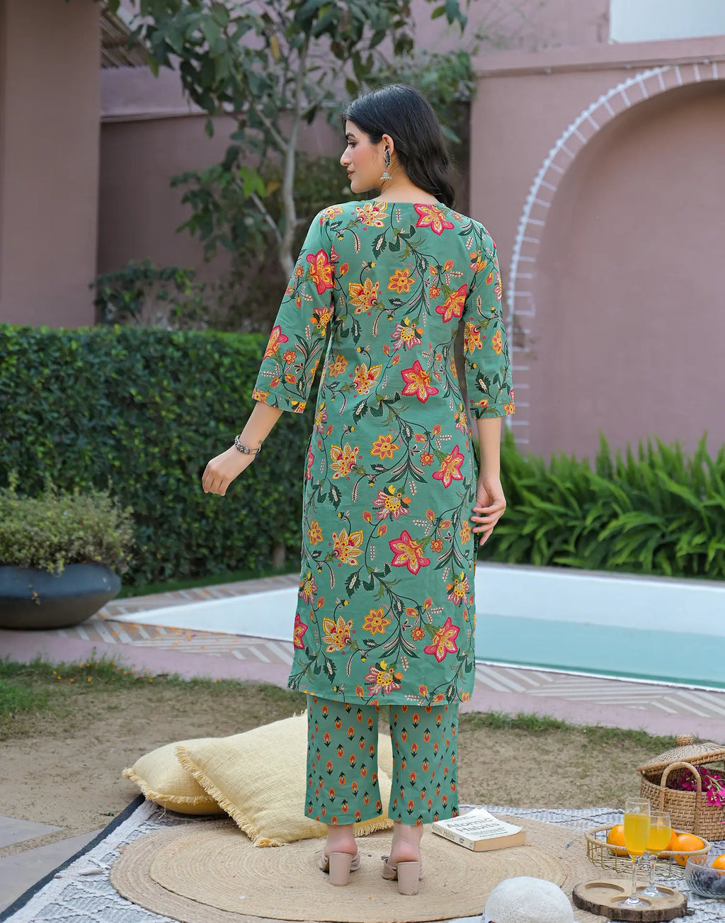Aqua Green V-Neck Printed Straight 3 Piece Kurta Set with Dupatta