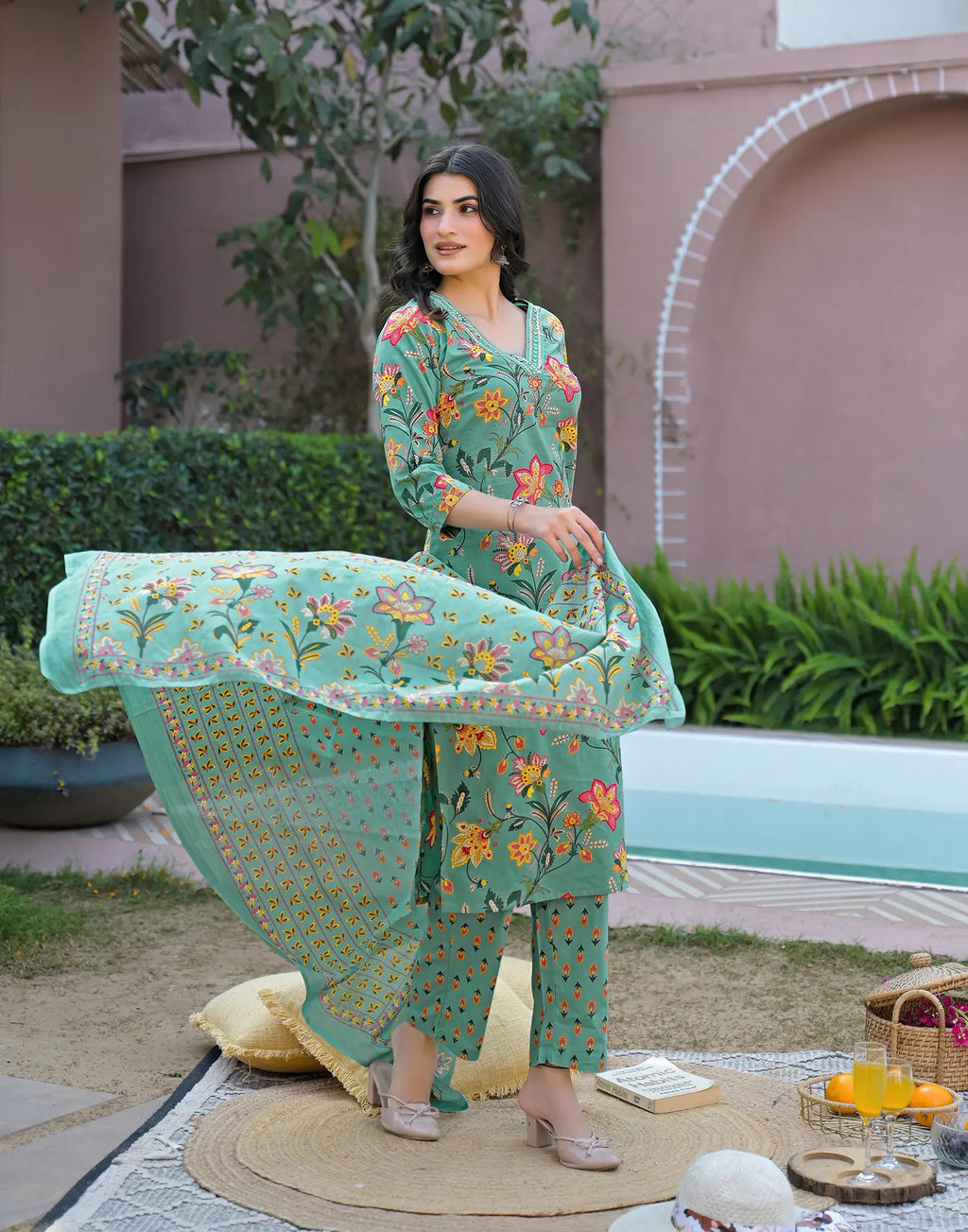 Aqua Green V-Neck Printed Straight 3 Piece Kurta Set with Dupatta
