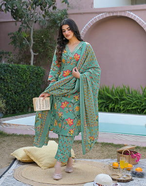 Aqua Green V-Neck Printed Straight 3 Piece Kurta Set With Dupatta