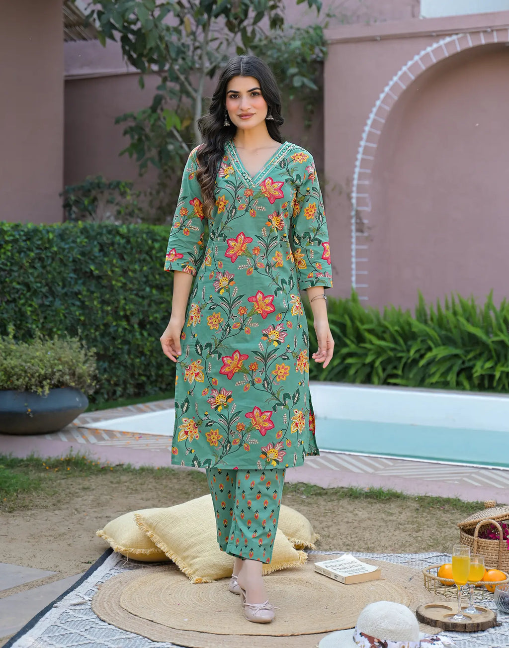 Aqua Green V-Neck Printed Straight 3 Piece Kurta Set with Dupatta