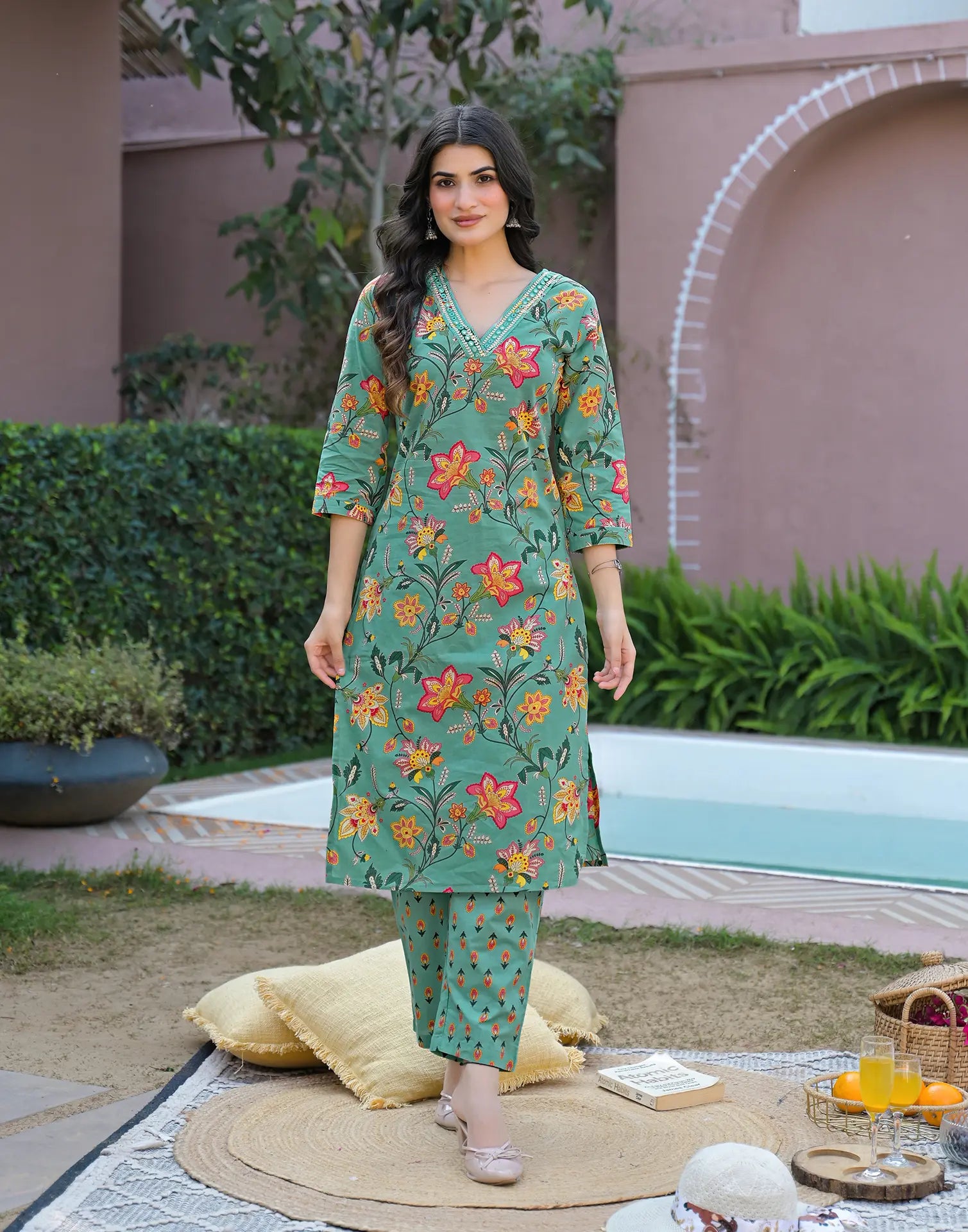 Aqua Green V-Neck Printed Straight 3 Piece Kurta Set with Dupatta