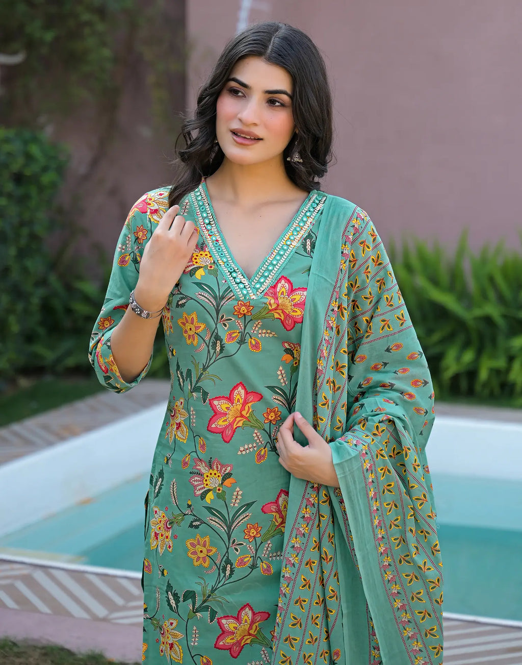Aqua Green V-Neck Printed Straight 3 Piece Kurta Set with Dupatta