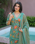 Aqua Green V-Neck Printed Straight 3 Piece Kurta Set with Dupatta