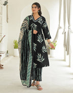 Shadow Black V-Neck Printed Straight 3 Piece Kurta Set with Dupatta