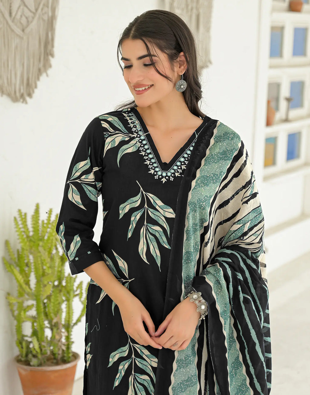 Shadow Black V-Neck Printed Straight 3 Piece Kurta Set with Dupatta