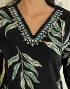 Shadow Black V-Neck Printed Straight 3 Piece Kurta Set with Dupatta
