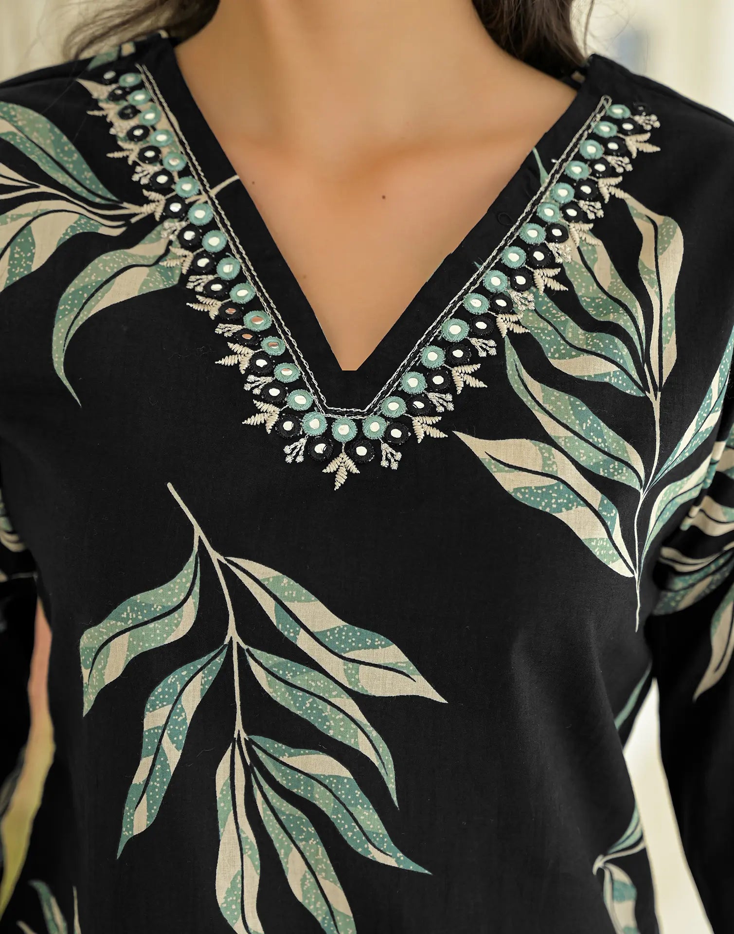Shadow Black V-Neck Printed Straight 3 Piece Kurta Set with Dupatta