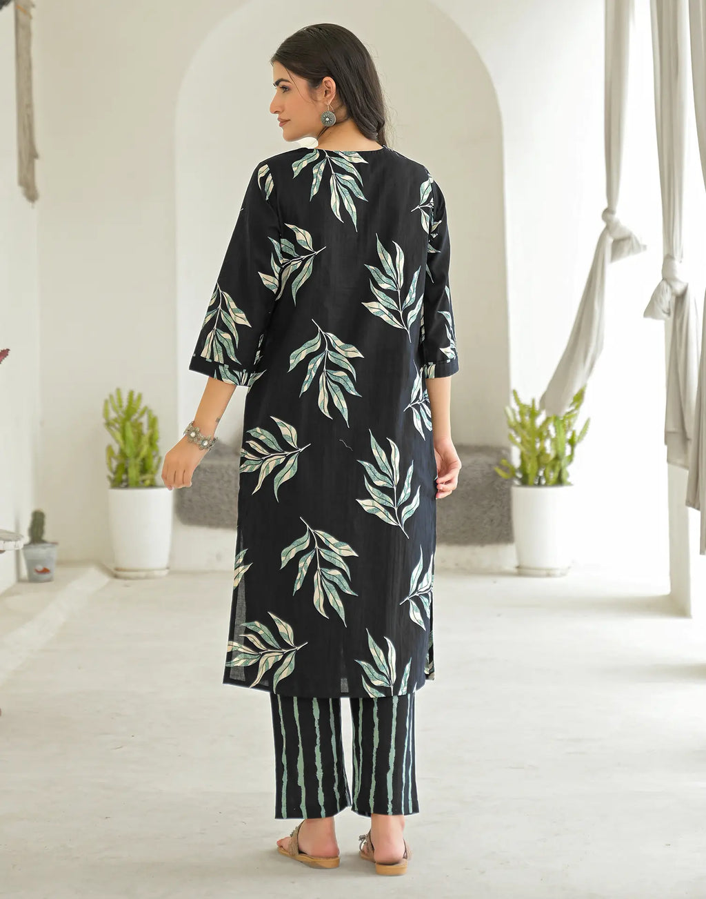 Shadow Black V-Neck Printed Straight 3 Piece Kurta Set with Dupatta