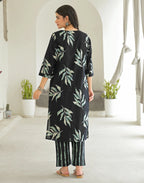 Shadow Black V-Neck Printed Straight 3 Piece Kurta Set with Dupatta