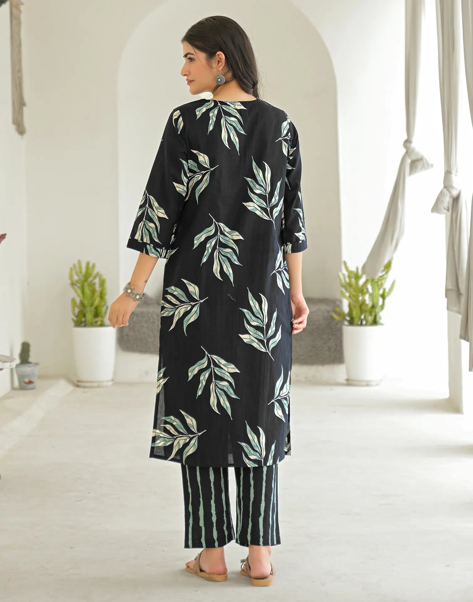 Shadow Black V-Neck Printed Straight 3 Piece Kurta Set with Dupatta