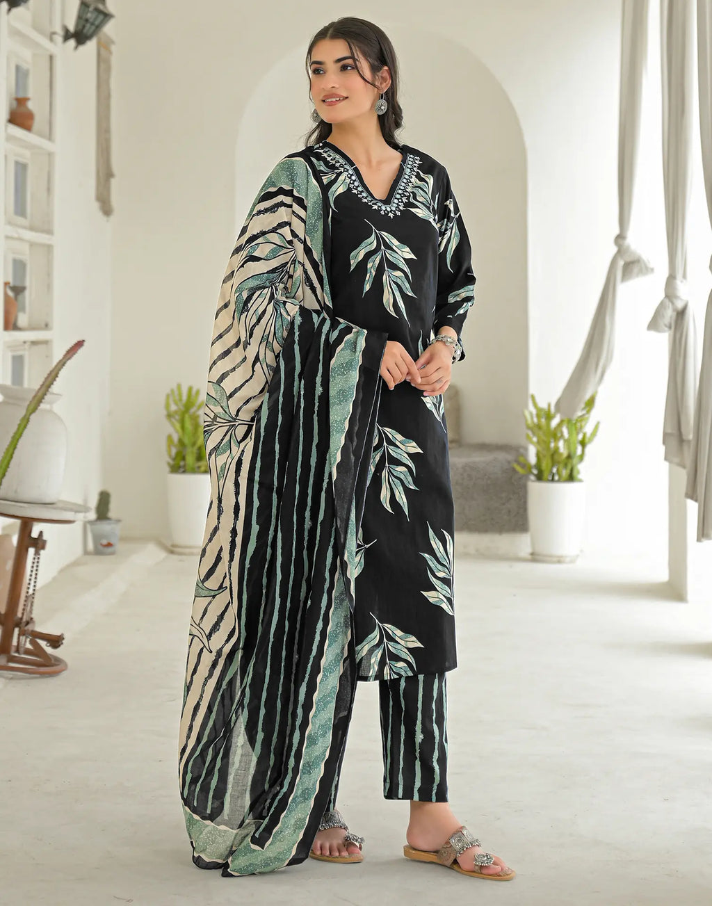 Shadow Black V-Neck Printed Straight 3 Piece Kurta Set with Dupatta