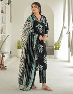 Shadow Black V-Neck Printed Straight 3 Piece Kurta Set with Dupatta