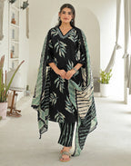 Shadow Black V-Neck Printed Straight 3 Piece Kurta Set with Dupatta