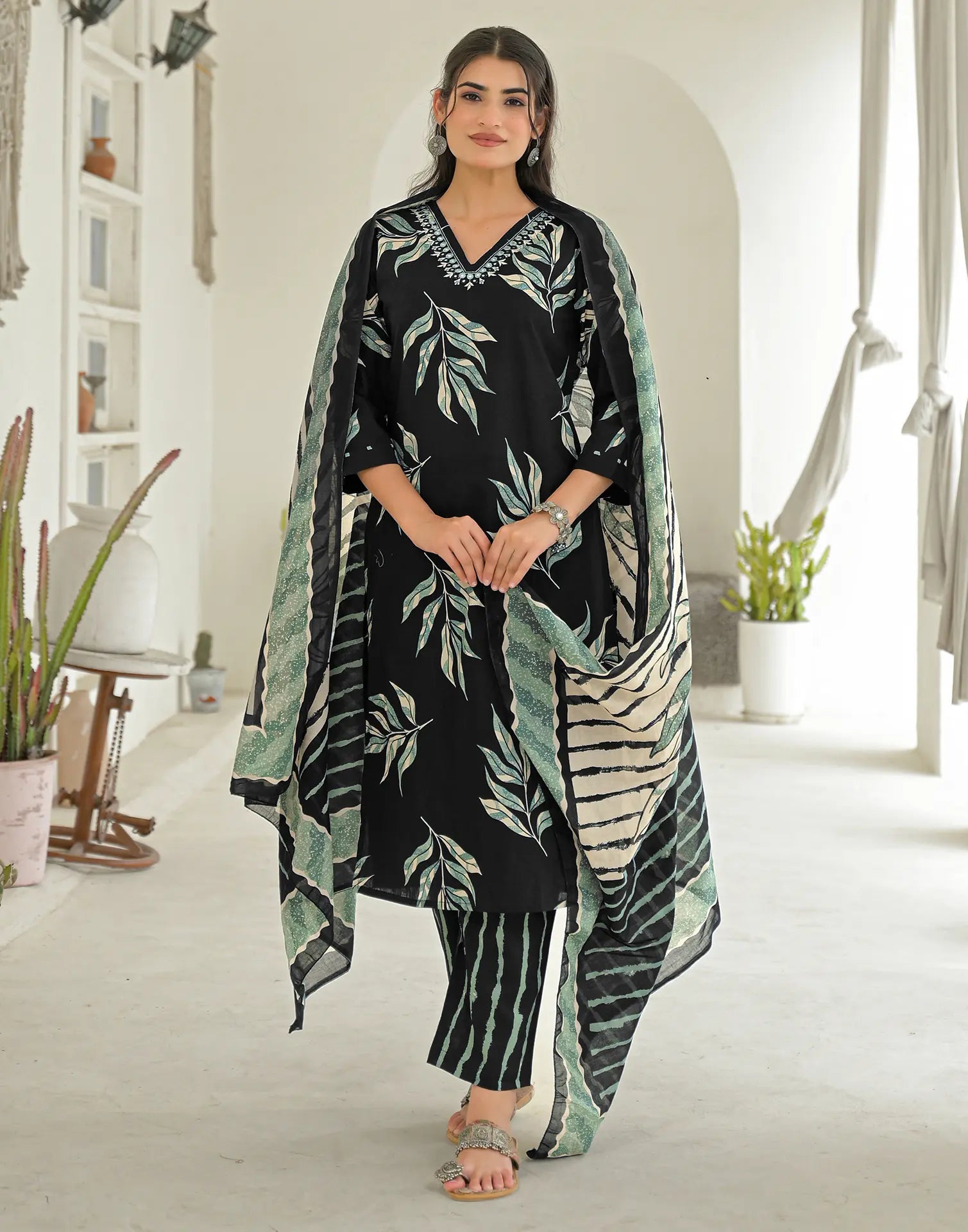 Shadow Black V-Neck Printed Straight 3 Piece Kurta Set with Dupatta