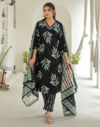 Shadow Black V-Neck Printed Straight 3 Piece Kurta Set with Dupatta