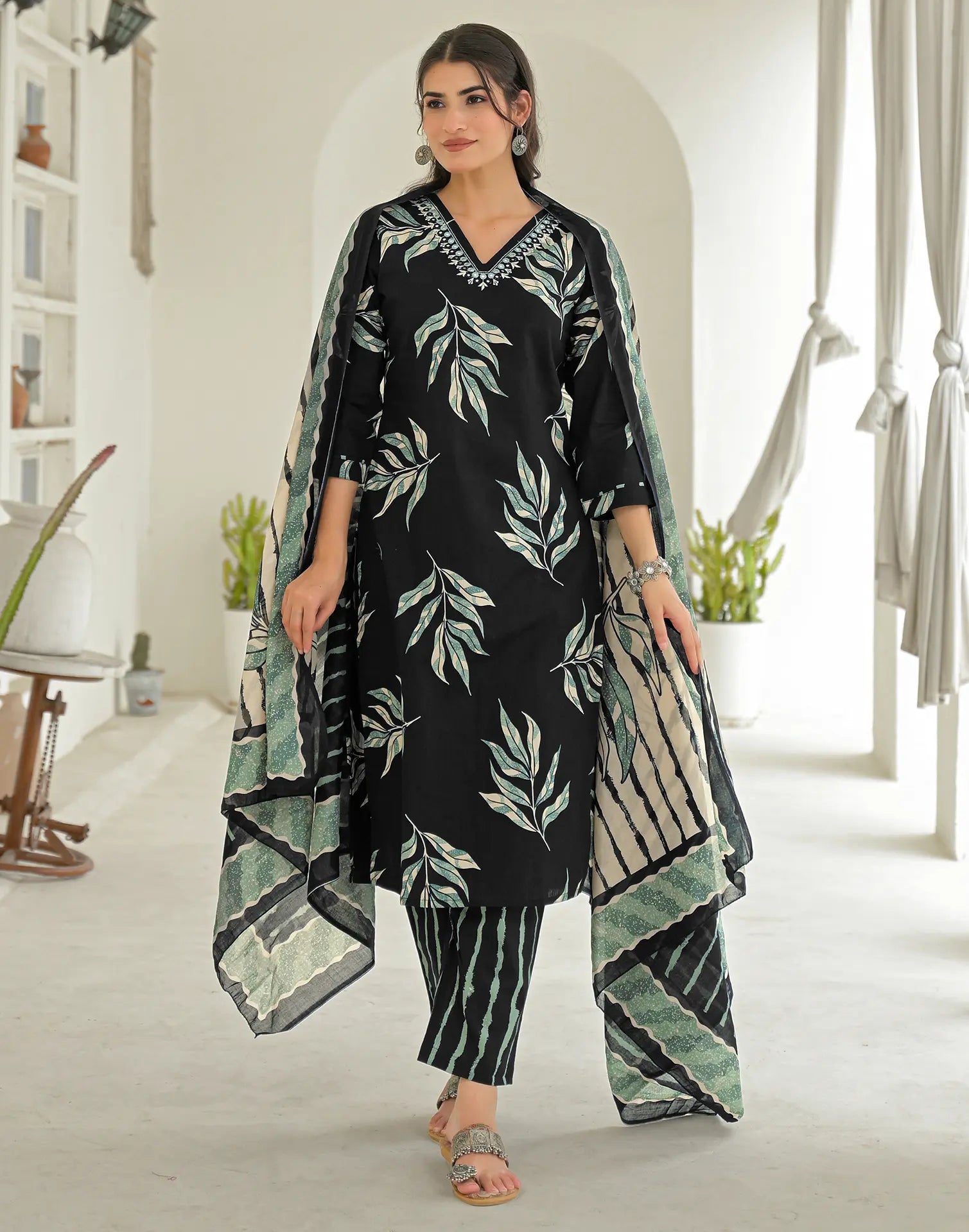 Shadow Black V-Neck Printed Straight 3 Piece Kurta Set with Dupatta