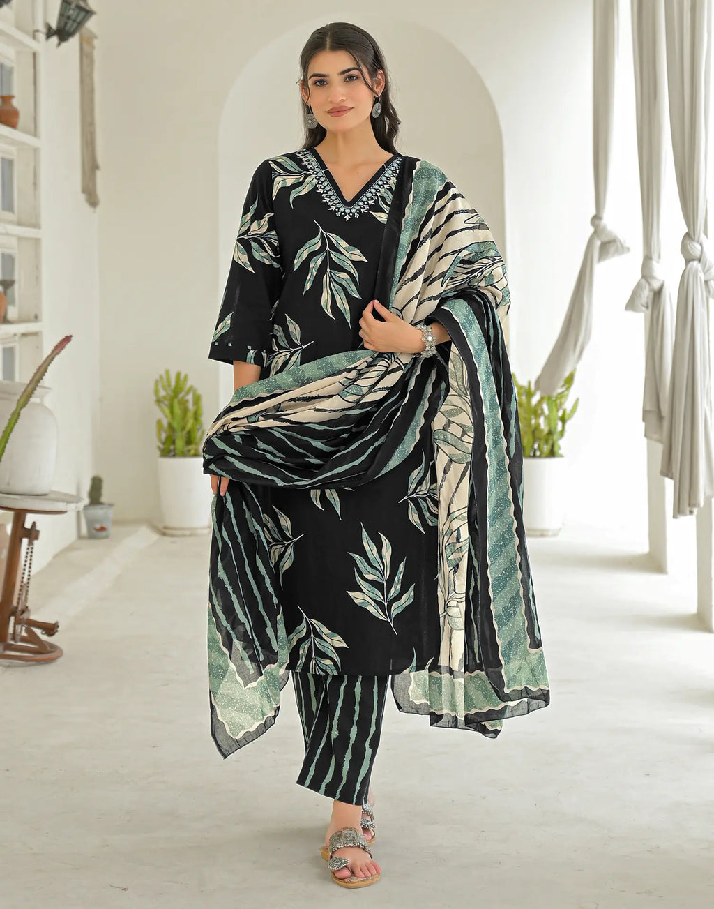 Shadow Black V-Neck Printed Straight 3 Piece Kurta Set with Dupatta