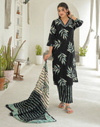 Shadow Black V-Neck Printed Straight 3 Piece Kurta Set with Dupatta