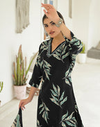 Shadow Black V-Neck Printed Straight 3 Piece Kurta Set with Dupatta