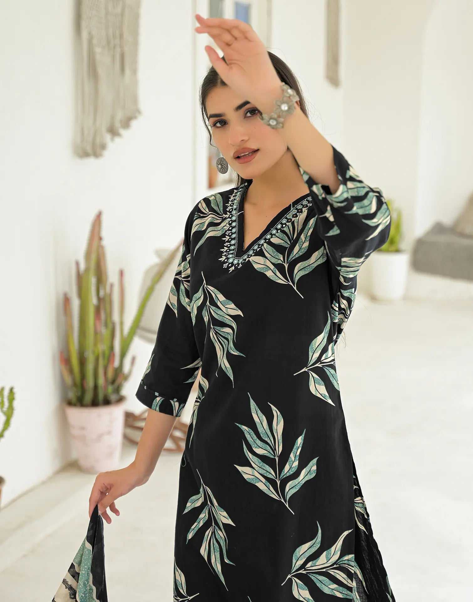 Shadow Black V-Neck Printed Straight 3 Piece Kurta Set with Dupatta