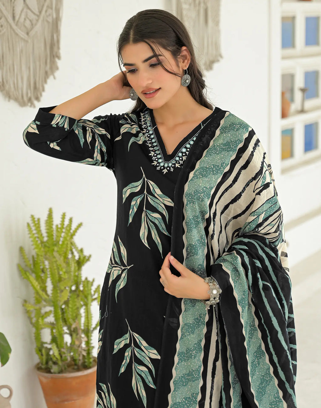 Shadow Black V-Neck Printed Straight 3 Piece Kurta Set with Dupatta